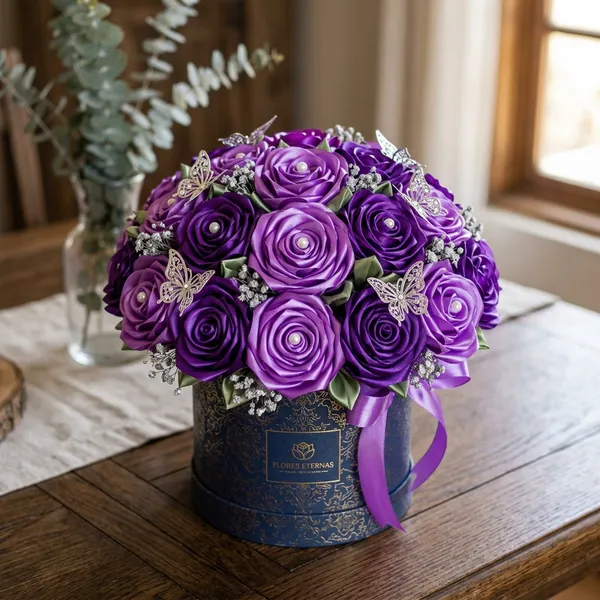 Arreglo de rosas eternas moradas